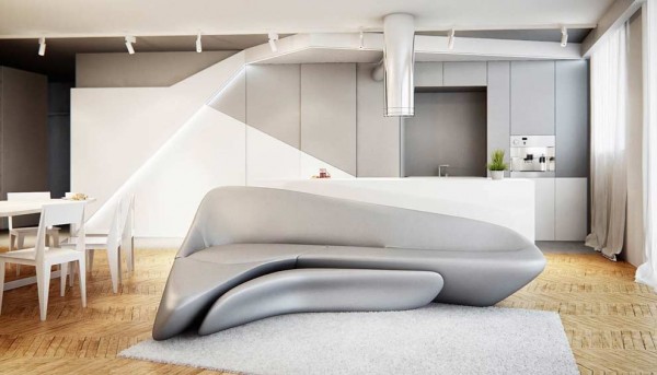 Downstairs, a silvery gray sofa could be just as home on the Starship Enterprise as it is in this cool, futuristic home.