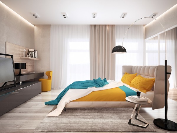 This bright bedroom takes full advantage of its huge windows.