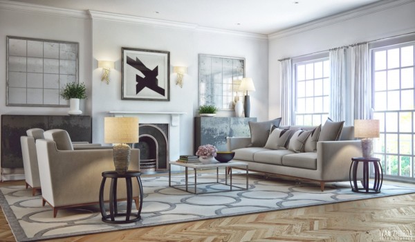 A family friendly living room with simple elements like cozy armchairs and a fireplace.