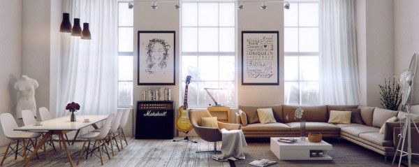 A tribute to bohemian artist style with a super modern twist, this living room turns amps and guitars into focal points.