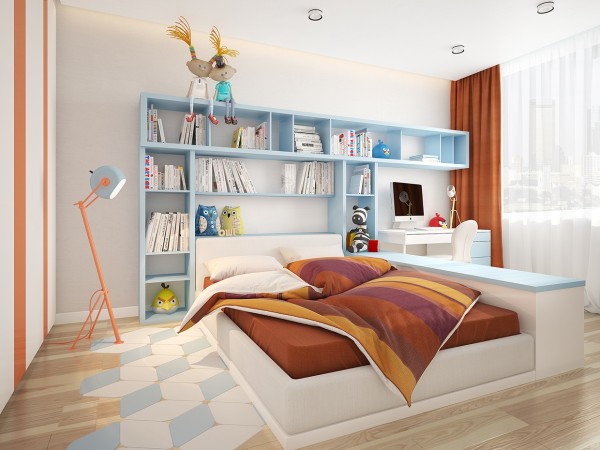 The rust coloring in the bed and curtains is an unexpected match with the sky blue bookcase.