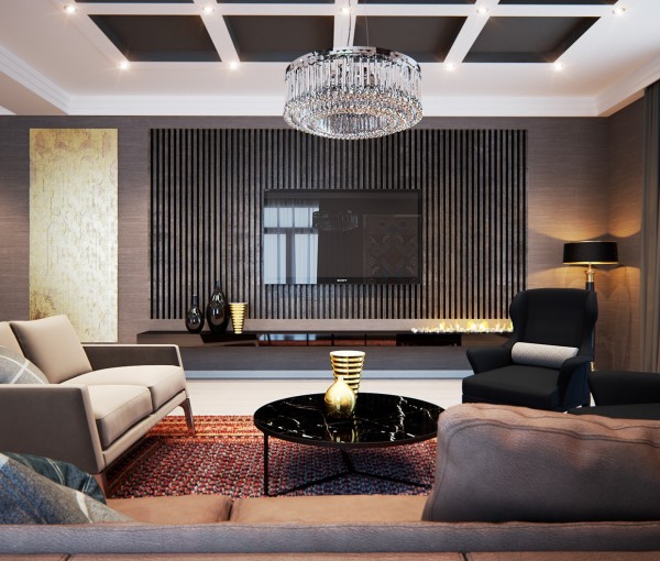 The dark colors in the room, including the ceiling panels, are masculine yet warm.