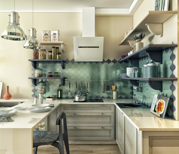 The kitchen is small but spectacular with a reflective tiled backsplash and another breakfast bar.