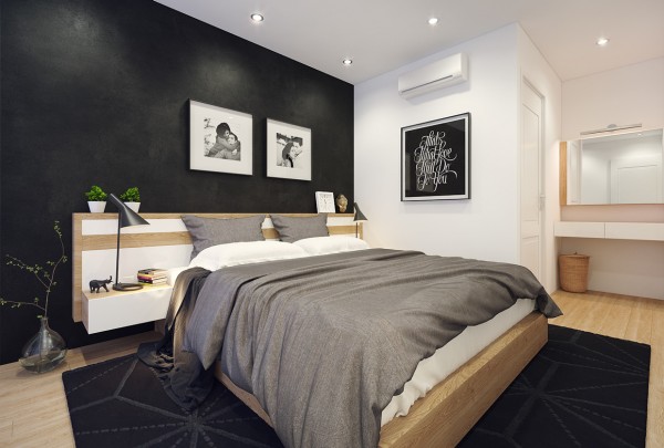 The dark colors spill into the bedroom in this option, as well, with a black textured wall and area rug.