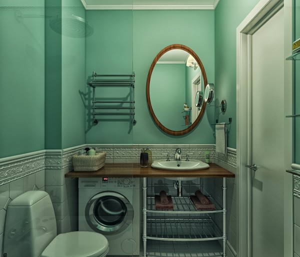 Finally, a small bathroom houses the necessities, including a small washing machine, while pretty teal walls and tiled wainscoting adds a classic touch.