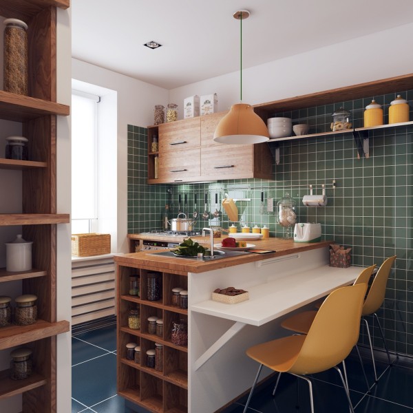 The green tiled walls are almost a throwback, calling to mind  50's diner or even a checked suit. Cute cubbyholes provide storage alongside the counter where you're welcome to pull up a chair.