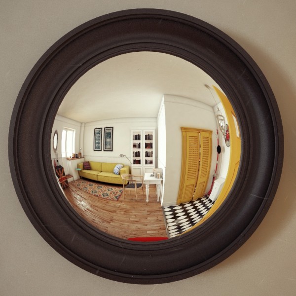 The final apartment in this roundup, as seen here through a fisheye mirror, also comes in at 37 square meters (398 square feet).