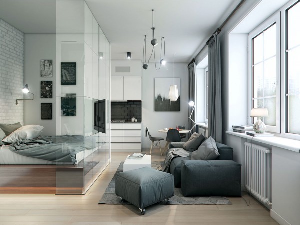 This 32 square meter (344 square foot) apartment uses interior glass walls to create a bedroom that doesn't make the home feel any smaller.