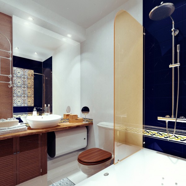 And a Spanish-inspired bathroom with dark wood and patterned tiles completes the tour of these enviable apartments.