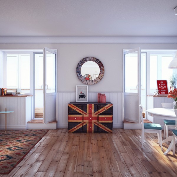 A custom dresser, painted with the Union Jack, provides a cool conversation piece and fills up an otherwise awkward space between two balcony doors.