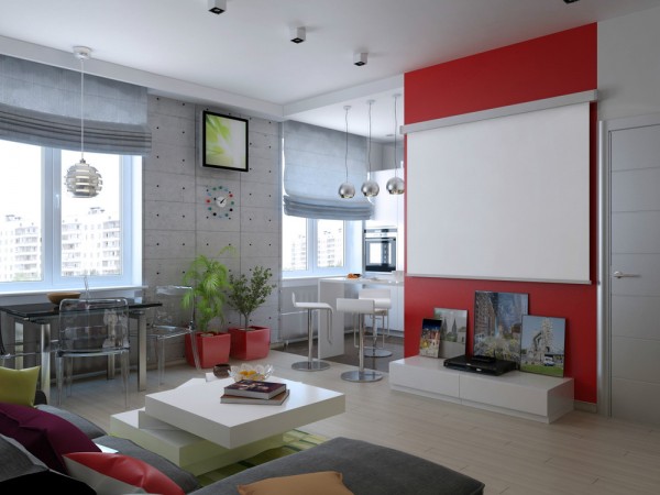 The use of a projection screen, against a stunning red accent wall, is another way to save floor space since no television stand or entertainment center is necessary.