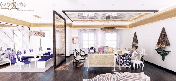 The water feature room divider and detailed ceiling could easily be Moroccan and even riad-inspired.