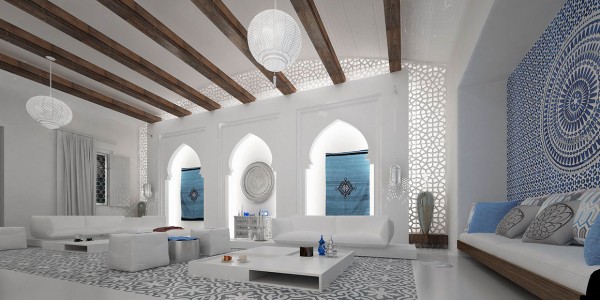 The design comes from the Mimar Interiors, and incorporates the stunning colors and contrast that are so common in Moroccan-inspired designs.