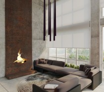 The first home featured is a penthouse designed by a sculptor. Interior designer Anton Medvedev took full advantage of the sky high ceilings with smooth concrete walls and plenty of exposed metal. Unlike some modern loft designs, the metal here is not a perfectly polished chrome but is actually rusted over for a really unique accent.