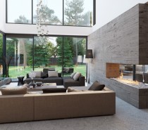 The main living area uses a mostly open floorplan but in place of any wall between the dining and living rooms there is a beautiful stone wall that includes a cutout fireplace. But there is no need for messy wood and matches in this modern incarnation since the gas flames pour out  of a sleek bed of glass.