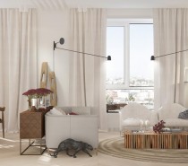 The first space comes from visualizer Polina Kazakova. The light colors and airy textures, plus plenty of natural light make for a sweet and feminine atmosphere throughout. A cozy living room offers seating for a few special guests while vaulted bedroom ceilings and large windows create a space where anyone - man or woman - would be lucky to wake up. Patterns are also essential in this apartment, from the intricate tiled floor in the bedroom to the creative wood accent wall in the enviable bathroom.