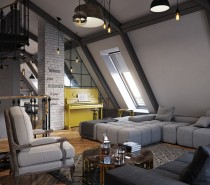 The first home comes from designer Vladimir Bolotkin. Immediately, the slanted attic apartment ceilings stand out in this design. A cool spiral staircase connects multiple levels of the home while cool grey neutrals act as a blanket over the entire apartment. Soft sofas, a perfectly styled bistro kitchen and a smattering of white painted brick all serve to give this home a modern Parisian feel.