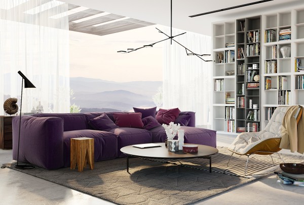 The final home definitely shares some of the simple, elegant characteristics of the previous entry but does so in a lighter, brighter, and at the risk of assigning gender roles to furniture, a more feminine way. In this space, sunshine is paramount and streams in from every angle, reflecting of clean white surfaces and illuminating a plush purple sofa that even Prince would envy. The natural wood elements throughout lend a bit of natural charm to this otherwise urban oasis.