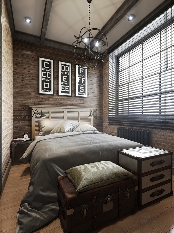 brick loft exposed apartments walls bedroom colored dark three master interior wood panel decor bed