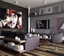 The first space uses cool, dark grays as its main color palette. The gray walls and furnitures meld with the dark exposed brick and hardwood flooring for a look that is decidedly dark but certainly not frightening. Instead, it has a certain stylish bachelor pad appeal with a few industrial notes for good measure.