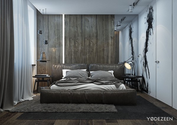In the bedroom, lines get a little bit softer as they should. The wood paneling remains, but the floor covering goes from soft pile to deep shag. The lush leather bed is of course a focal point, just begging to be touched, smelled, and ultimately collapsed into.