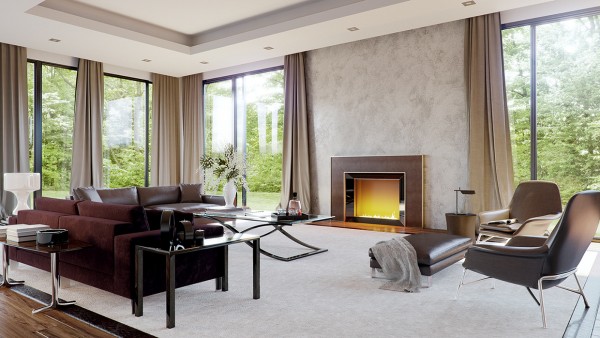 This spacious living room uses a neutral color palette and the result looks luxurious and soft.
