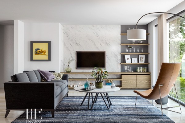 An awesome sling chair and marbled wall treatment give something special to this mid-century inspired living room.