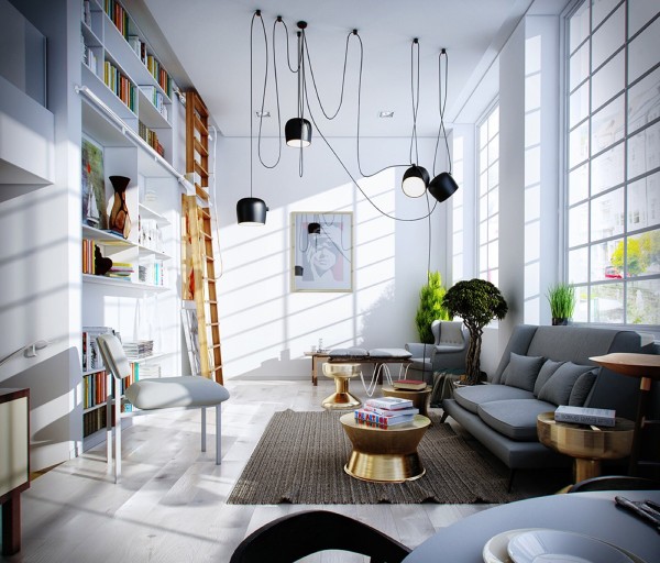 Delicate dangling light fixtures give this loft-style living room some extra style.