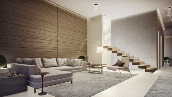 Grey, wood, and cream colors are modern and minimal in this living room.