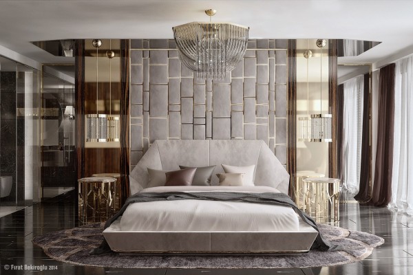 While the creative accent wall in this room is certainly the first thing to draw the eye, it's hardly the last. The 80s inspired chandelier and mirrored wall make this bedroom an upscale rockstar indulgence.