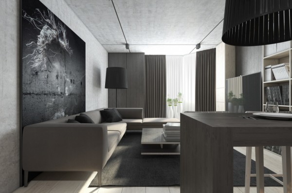 This Moscow loft is just a bit softer than the previous spaces. The use of concrete gray and lighter upholstery along with light wood paneling skews the space more towards neutral. The bedroom becomes a warm retreat with its cushy bed and encapsulated feeling, while still giving the slumberer some privacy.
