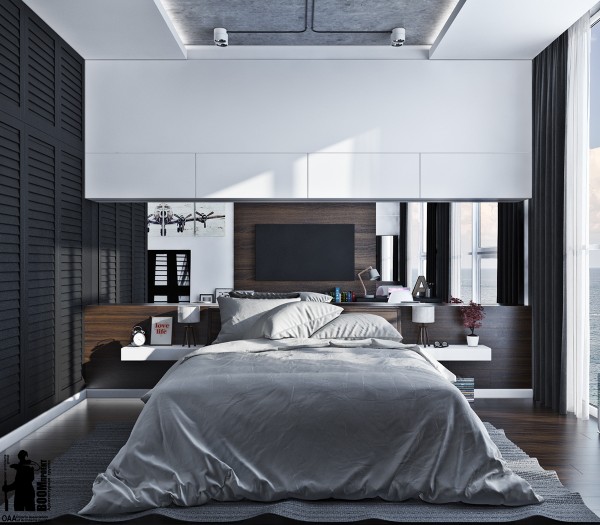 The first bedroom is definitely towards the cool gray side of the color spectrum, which actually makes for a cozy design. There is nothing quite like a cloudy gray to make you feel comfortable and warm in your bed. The addition of the wood paneled accent wall is quite stylish and gives the room some sophistication.