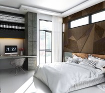 Rugged materials and geometric patterns give these bedroom walls a cool industrial appeal. Industrial-inspired design can sometimes make a room feel too cold, but the liberal use of contrasting texture makes this space feel warm and appealing.