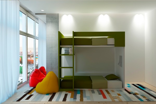 The kids room is also notable for its use of stylish color combinations and hip designs that marry the needs of the child with the desires of the parents.