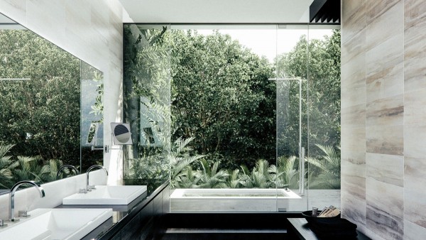 Lush greenery surrounding a recessed outdoor tub - this imaginative concept would invite many new ways to relax and enjoy the scenery.