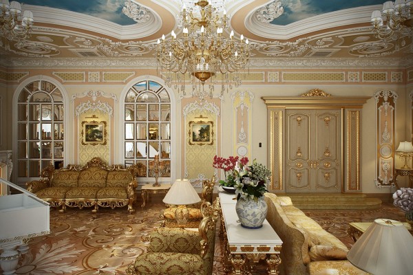 Not to be overshadowed by the intricate and artful ceiling, weighty furniture draws immediate attention. The chairs (bergère) and sofas (canapé) feature a camelback design that perfectly echoes the arched windows and gilded wall panels.