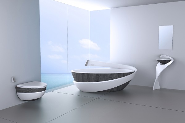 A smooth stripe of white swirls around a base of charcoal-colored veneer, echoing the dynamics of flowing water. This modern bathtub design is part of the Salacia range from HJC Design.