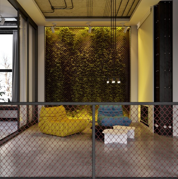 Red chain link fencing provides a barrier around the mezzanine and adds some industrial character to the vertical garden in the background. Comfy-looking blue and yellow loungers complete the playful primary color theme.
