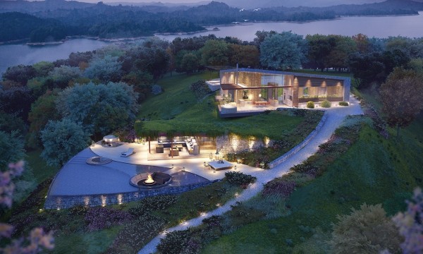 Visualized as a part of a resort for the "unplugged yet not-disconnected", this space is carefully integrated into the surrounding landscape. It sits perched atop an overlook, its foundation plunges into the earth and emerges from the hillside as a chic entertainment space. The pool's sunken fire pit is especially inspiring!