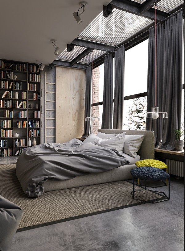 There are so many things to love about this bedroom! Corrugated glass above the bed reflects lots of light back into the room. The extensive library is accessible by a minimalistic wooden ladder, and neat Hive tables/ottomans provide multipurpose utility.