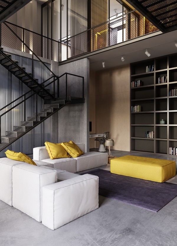 Concrete, coated steel, and unfinished wood are among the perfect ingredients that flavor this industrial interior. Unlike many industrial interiors, this one doesn't shy away from color – it makes immediate impression with a cool gray and yellow color theme, highlighting the incredible energy of the design.
