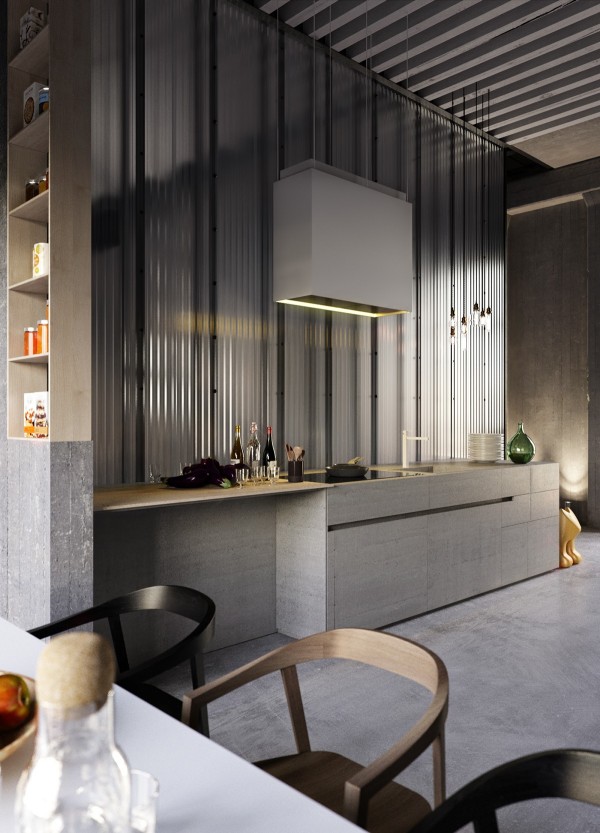 The kitchen is just a breath away from minimalism – the only decoration comes from the materials used to build it, like the characteristic concrete cabinets and light natural-finish wood.