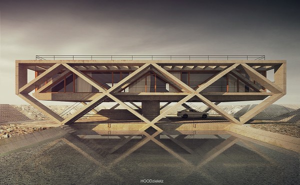Diamond-shaped trusses support the home like a bridge, with a singular beam placed in the middle to create the illusion of an impossible balancing act.
