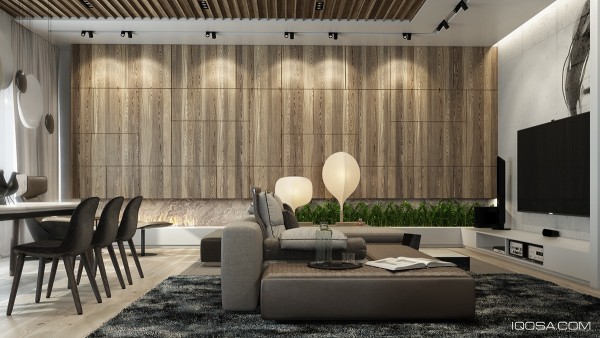 A slatted wood ceiling panel unifies the dining and living areas. In this visualization, it's easier to see that the floor, ceiling, and cabinetry all feature different styles of wood - and how well they all work together even in a small and open space.
