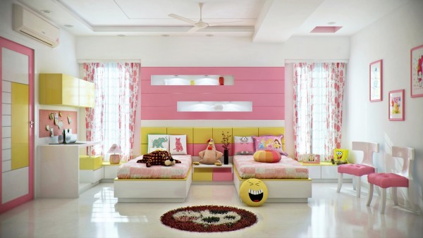 Pink lemonade is the first thing that comes to mind: playful, bright, summery, and light. This pink and yellow bedroom features all the essential cartoon characters every kid loves from Disney princesses to SpongeBob. Polished white floors promise easy cleanup after intense play sessions and creative craft projects.