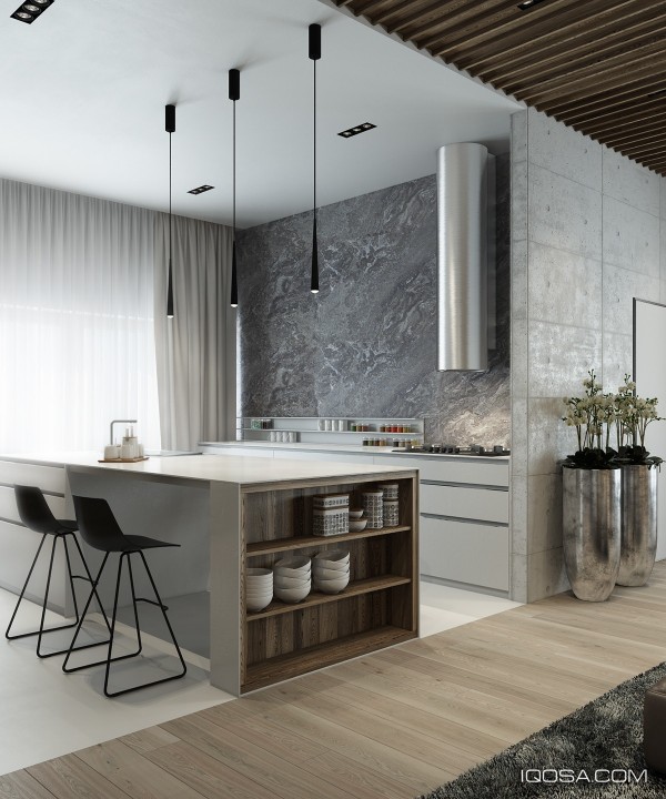 Sharp contrast defines the kitchen. Color, form, and materials change abruptly for an incredibly striking effect. Wood transitions to glossy white, concrete turns to marble, all wrapped up in a clean modernist package.