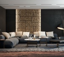 This stunning living room from Dzhemesyuk Design pairs dark woods and matte black walls with a stripe of dazzling gold.