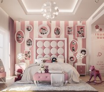 White and cotton candy pink make this expertly-coordinated room extra sweet. Toy Story prints make a big impression covering the far wall, each with a unique frame for playful variety. Circles, squares, hearts, and flowers contribute to the lively atmosphere. This charming design is the work of Amir Sayed Mohamed Refaat, a designer working from Cairo.