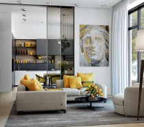 Let's begin our exploration of yellow decor with an especially strong example. This artistic home features smartly-arranged yellow accessories, a great way to spice up the gray sofa and open kitchen shelves. The painting ties the theme together.