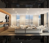 The next luxury apartment is a penthouse for an art collector in Iran. The living room is swathed in organic materials and neutral natural tones, framed by a dramatic hallway in unforgettable black marble. This space also features a stunning view – some of the interior colors seem to echo the beach tones of the landscape.